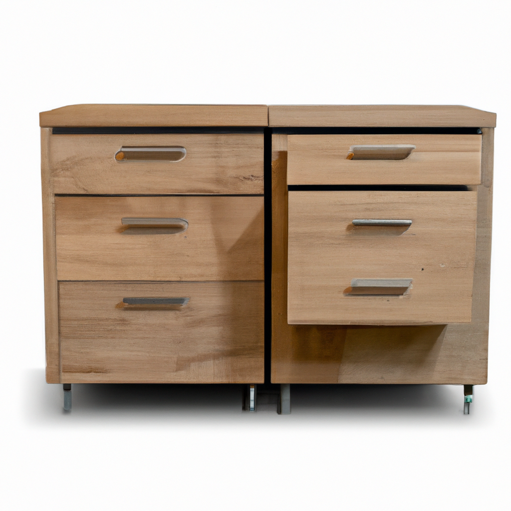 Cómoda de madera con cuatro cajones y tiradores metálicos sobre fondo blanco.