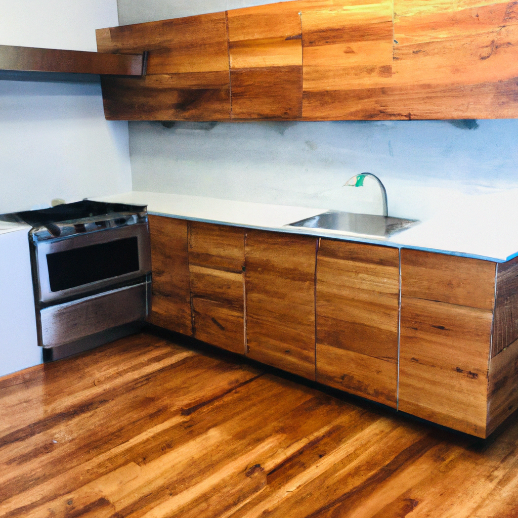 Cocina moderna con gabinetes de madera y encimera blanca.