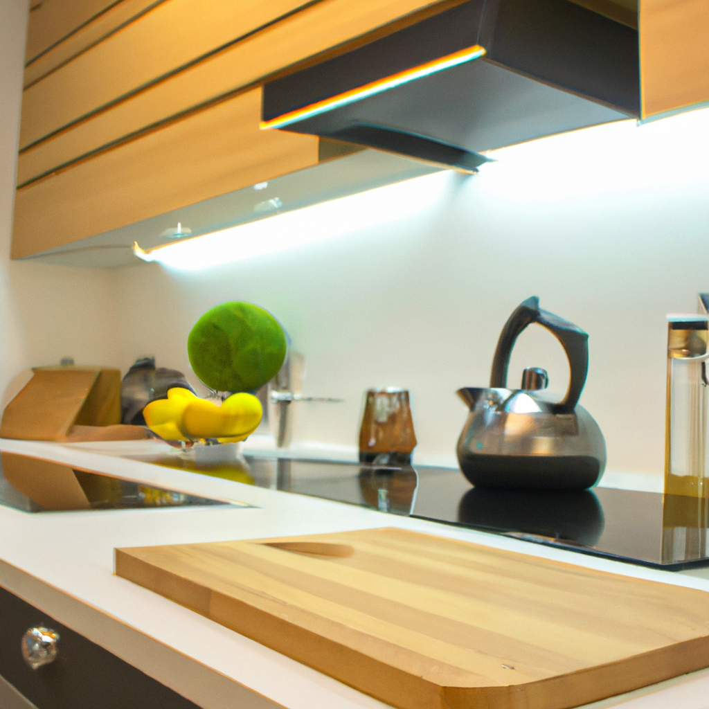 Cocina moderna con tetera, frutas y tablas de cortar sobre encimera blanca.